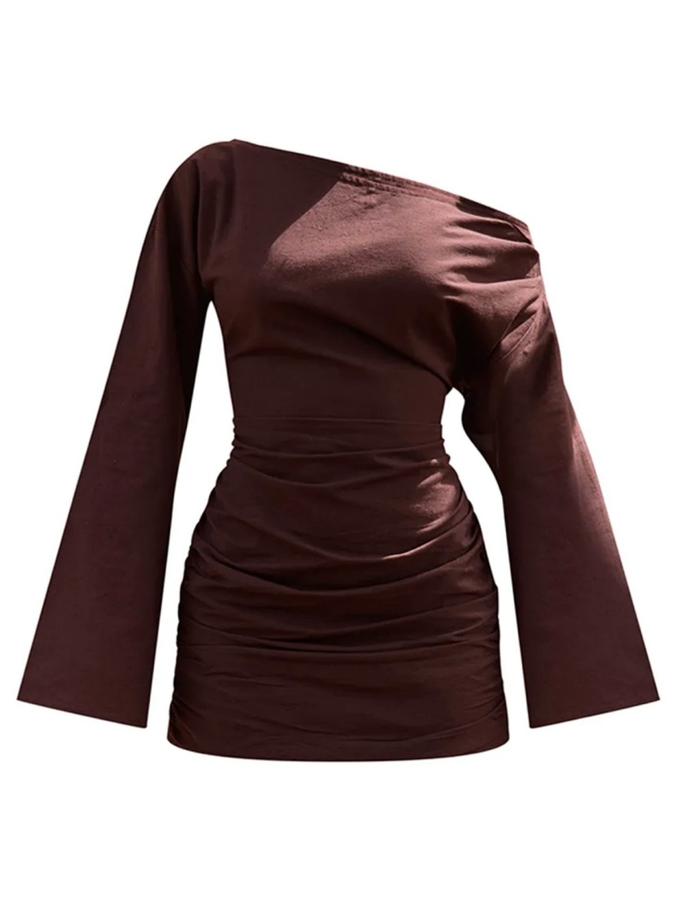 One-Shoulder Ruched Mini Dress in Dark Brown